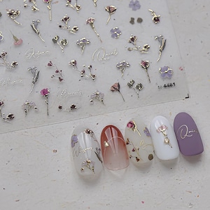 Gold Outline Wild Flower Nail Sticker, Rose, Carnation Purple Blossoms, Self-Adhesive Floral Nail Decals for DIY Nail Art Design 4481