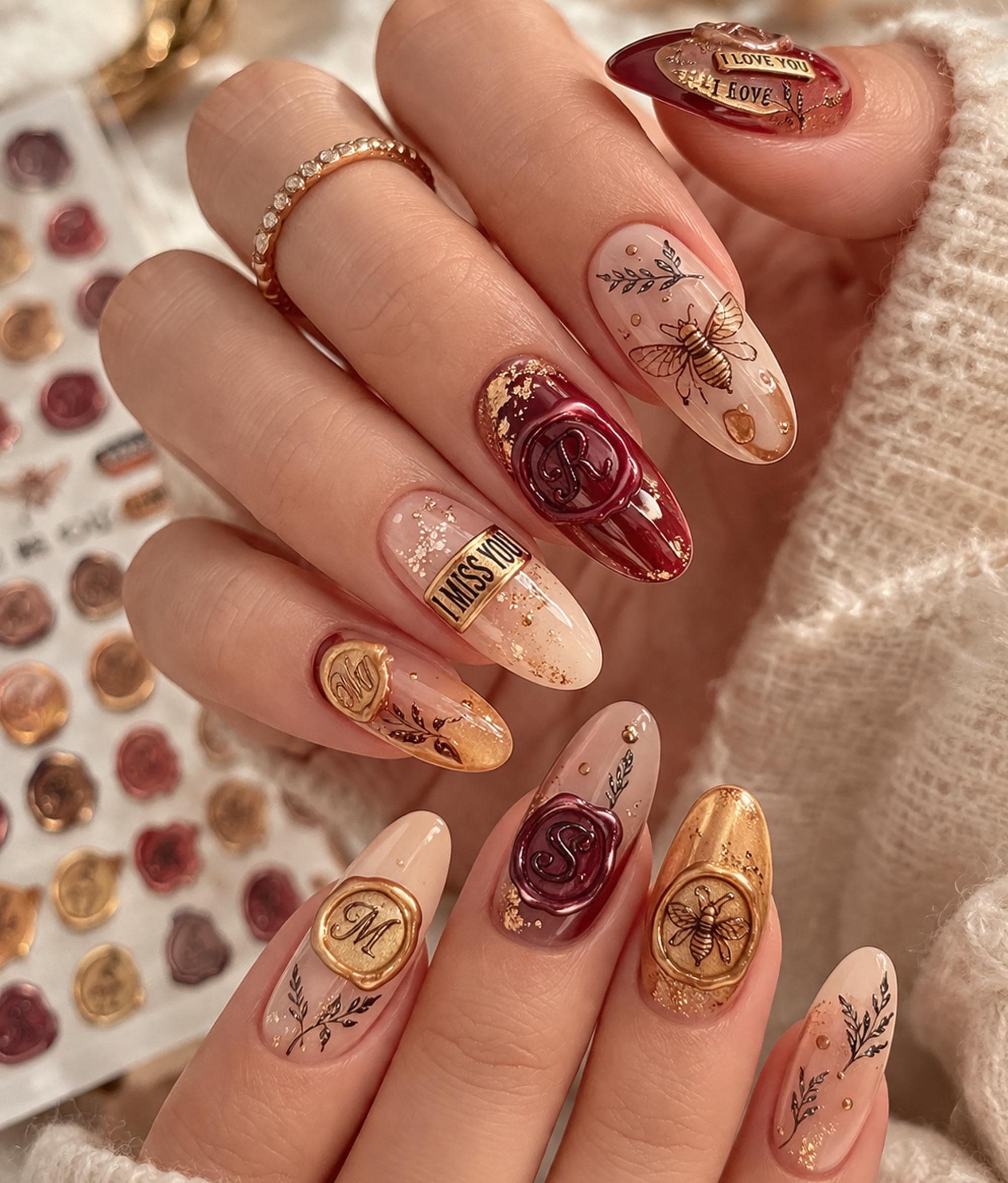 ネイルシール 3D Wax Seal Nail Stickers, Vintage Letter Stamp