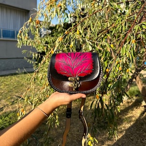 Handmade Mini Pink Round Leather Bag - Genuine Leather, Small Shoulder Bag, Cute Crossbody Purse for Women