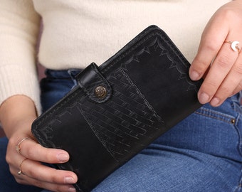 Cuir véritable fait main grandes dames long portefeuille en cuir ont compartiment de téléphone personnalisable noir avec motif gaufré portefeuille manuscrit