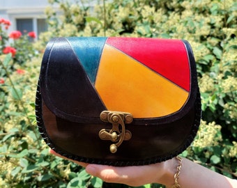 Fait à la main en cuir véritable classique sac pour femme peinture à la main personnalisé élégant croix/bandoulière coloré médiéval traditionnel petit sac