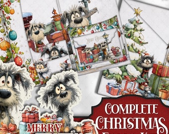 Christmas Junk Journal Folio Kit: Whimsical Dog & Cat Printable Guided Vintage Holiday Scrapbook Paper Craft - Digital Download