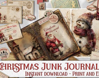 Christmas Junk Journal Pack: Santa Papers, Ephemera, Fussy Cuts, Tags - DIY Craft Supply, Complete Printable Digital Download Kit