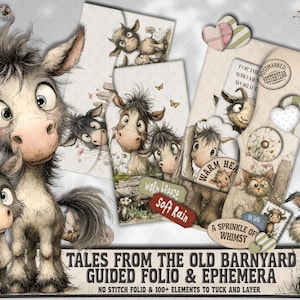 May include: A digital collection of illustrations featuring cartoon farm animals including donkeys, a dog, and a cat. The set includes tags, hearts, and labels with text such as "Warm Breeze," "Soft Rain," and "Tales From The Old Barnyard."