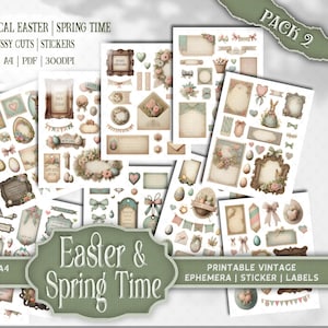 Puede incluir: Colección de efímeras, pegatinas y etiquetas vintage imprimibles para Pascua y primavera. Las hojas presentan diseños caprichosos con elementos florales y temáticos de Pascua, como huevos, lazos y marcos. El texto incluye "12 Sheets of Whimsical Easter | Spring Time".