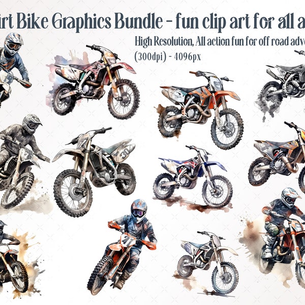 12 Dirt Bike - Off Road Motorbike PNG Printable Download - Rally Bike Illistration - Collage - Junk Journal Kit - Decoupage - Scrapbook