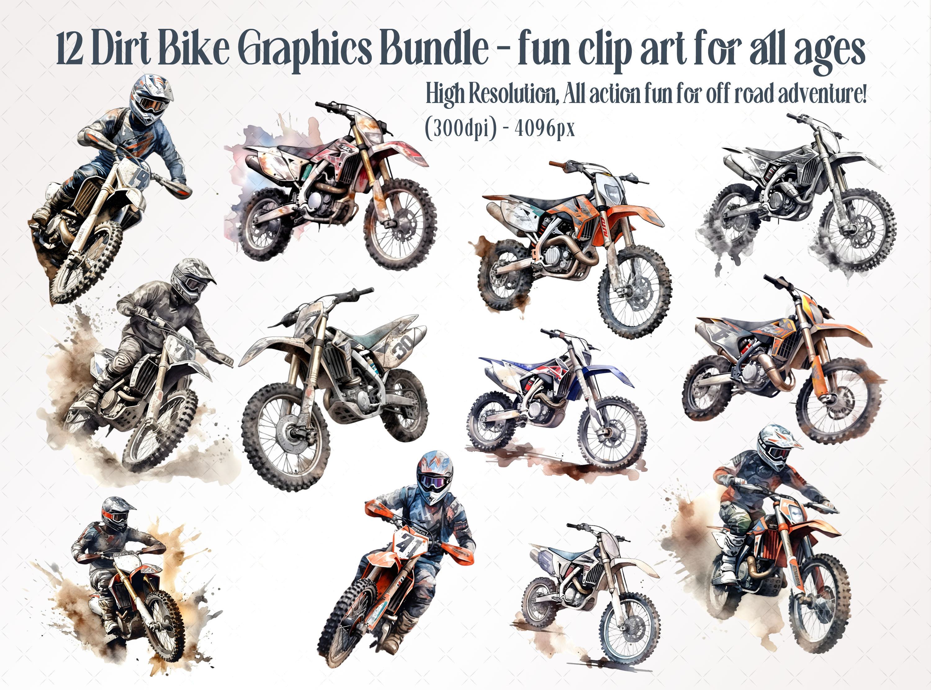 12 Dirt Bike - Off Road Motorbike PNG Printable Download - Rally Bike Illistration - Collage - Junk Journal Kit - Decoupage - Scrapbook
