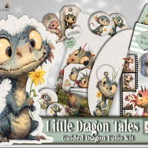 Op de afbeelding: Een digitale knutselset getiteld Little Dragon Tales Guided Dragon Folio Kit met illustraties van kleine blauwe en roze draken met grote ogen. De set bevat diverse papieren uitsparingen, labels, ronde etiketten en filmstroken met drakenmotieven.