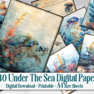 Ocean Life Pack - A4 Größe 40 druckbare Scrapbook-Papiere, Blauwal, Weißer Hai, Schildkröte, Delfin, Oktopus, Qualle