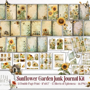 Summer Garden Sunflower Junk Journal Kit, Floral Autumn Scrapbook Pages, Butterflies, Shabby Chic Honey Bees Craft Supplies Vintage Ephemera