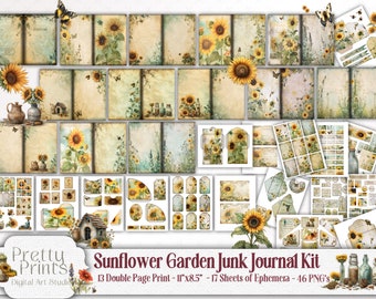 Sunflower Junk Journal Pack: Summer Garden Floral Scrapbook Pages, Butterflies, Fall Shabby Chic Honey Bees Craft Supplies, Vintage Ephemera