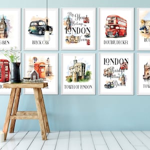 London Landmark Children's Printable Poster Art, Double Decker Bus, Black Cab, Big Ben, London Bridge, Buckingham Palace, Educational Art