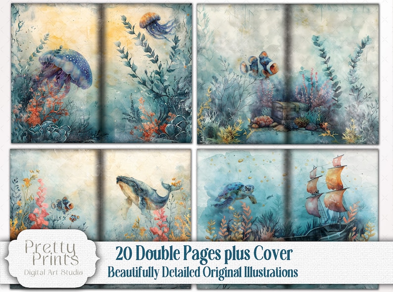 Under The Sea Junk Journal Scrapbook Mega Kit - Ocean Life Printable Bundle - Whales, Shark, Turtles, Dolphins, Sea Lions, Jelly Fish, Crabs, Octopus, coral