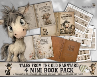 Mini Book Pack - Tales from the Old Barnyard | Print & Create 4 Whimsical Farm Tiny Books | Vintage Junk Journal Ephemera