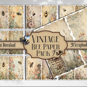 Vintage Bee Junk Journal Paper Pack 2 - Shabby Chic afdrukbaar plakboek dubbele achtergrond - Kaarten maken - Cottagecore Collage Craft Supplies