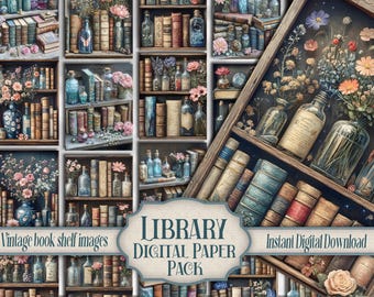 Antique Library Folio Kit, Junk Journal Printable Bookshelf story time Craft Insert, Digital Scrapbook Embellishment Pocket Insert Ephemera,