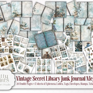 Secret Library Junk Journal Printable Kit, 100+ Ephemera, Blue Library Scrapbook Craft Supplies Pre made Vintage Digital Paper, Book Lovers