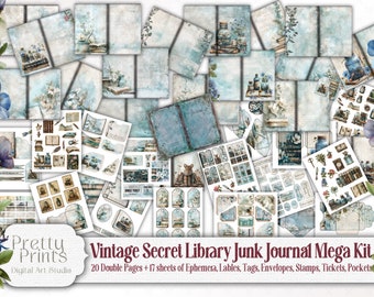 Secret Library Vintage Junk Journal Kit - Blue Library Scrapbook Bundle - Printable Digital Download