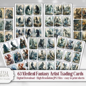 Fantasy Artist Trading Cards - middeleeuwse draken en ridders afdrukbare ATC-bladen, oude wereld plakboek, junk Journal Wolf Castle Horse Cards