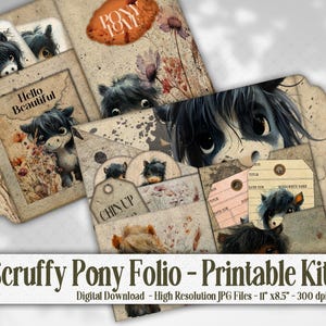Cute Shaggy Pony Junk Journal Folio Kit, Adorable horse Lovers Printable Pockets Ephemera, Pre Made Paper Insert, Digital Scrapbook Pack