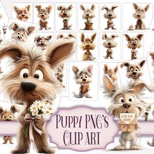 Grillige puppyhond PNG-illustratiesset – 60 schattige hondenafbeeldingen voor ongewenste tijdschriften, digitaal plakboek, kaarten maken, papierkunst, transparantie
