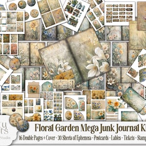 Spring Flower Junk Journal Kit, Vintage Floral Scrapbook Craft, Springtime Daffodil, Snowdrop, Bluebell, Crocus, Tulip, forget-me-not