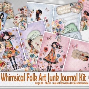 Folk Art Mix Media Junk Journal Folio Kit: Whimsical Paper Craft Supplies, Ephemera Tags, Loaded Scrapbook Printable Pack