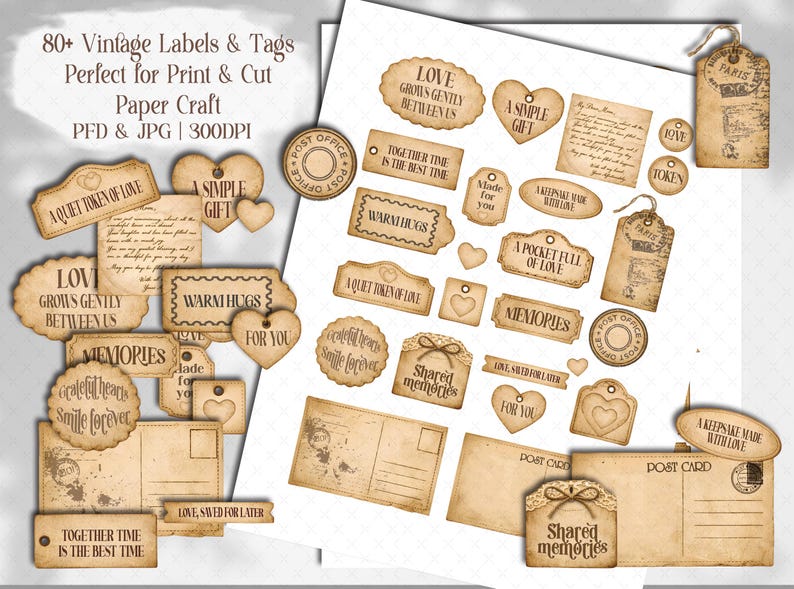 Vintage Sepia Collection of Meaningful Words, Quotes and Phrases to tuck away and add a touch of whimsy to your junk journal, scrapbook or creative paper projects. 
Printable Ephemera pack for Card making, Collage, and Clusters. Vintage-inspired tickets, stubs, tags, and various Shabby-style labels, fussy cuts, embellishments - Perfect for crafting and print and cut projects.