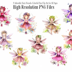 May include: Nine watercolor illustrations of fairies with wings, flowers, and butterflies. Each fairy is wearing a different colored dress and has a unique hairstyle. The fairies are all smiling and have a whimsical look.