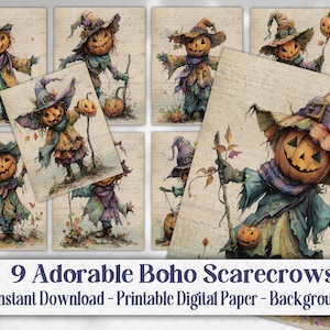 Bohemian Pumpkin Scarecrow Halloween Digital Journal background, Boho Autumn, Fall Journal Printable Page, DIY Craft Scrapbook Digital Paper
