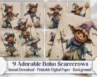 Boho pompoen vogelverschrikker Halloween digitale dagboek achtergrond, Boho herfst, herfst dagboek afdrukbare pagina, DIY Craft Scrapbook digitaal papier