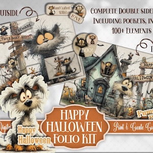 May include: A digital Halloween folio kit with whimsical illustrations. The kit includes a variety of elements, such as pockets, inserts, and more than 100 individual pieces. The design features cartoon cats, dogs, and a haunted house.