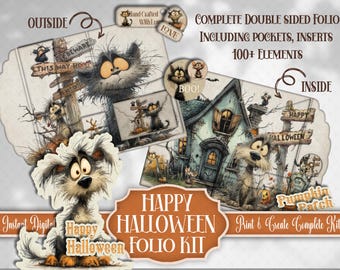 Halloween-foliokit: eigenzinnige junk Journal-plakboekelementen, tags en meer - afdrukbare direct downloaden - Paper Craft Supply - herfstaandenken