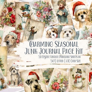 Vintage Christmas Junk Journal page, 50 Printable Scrapbook background, Digital Collage Sheet, ATC, Festive floral Printable Paper, Ephemera