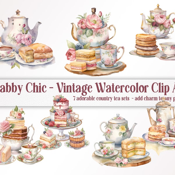 English Garden Afternoon Tea Set - Shabby Chic Vintage Watercolor Clip Art PNG Downloads, Junk Journal, Collage, Decorative decoupage, ACT