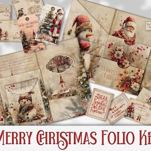 kit vintage de carnet de notes de Noël, fournitures créatives festives, portefeuille en papier lettre au père Noël, album éphémères imprimable à télécharger