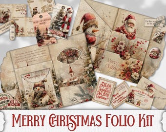 May include: A digital scrapbooking kit with a Christmas theme. The kit includes images of snowmen, Santa Claus, and a winter village. The images are in a vintage style with a distressed look. The kit also includes various text elements, such as "Merry Christmas" and "Dear Santa".