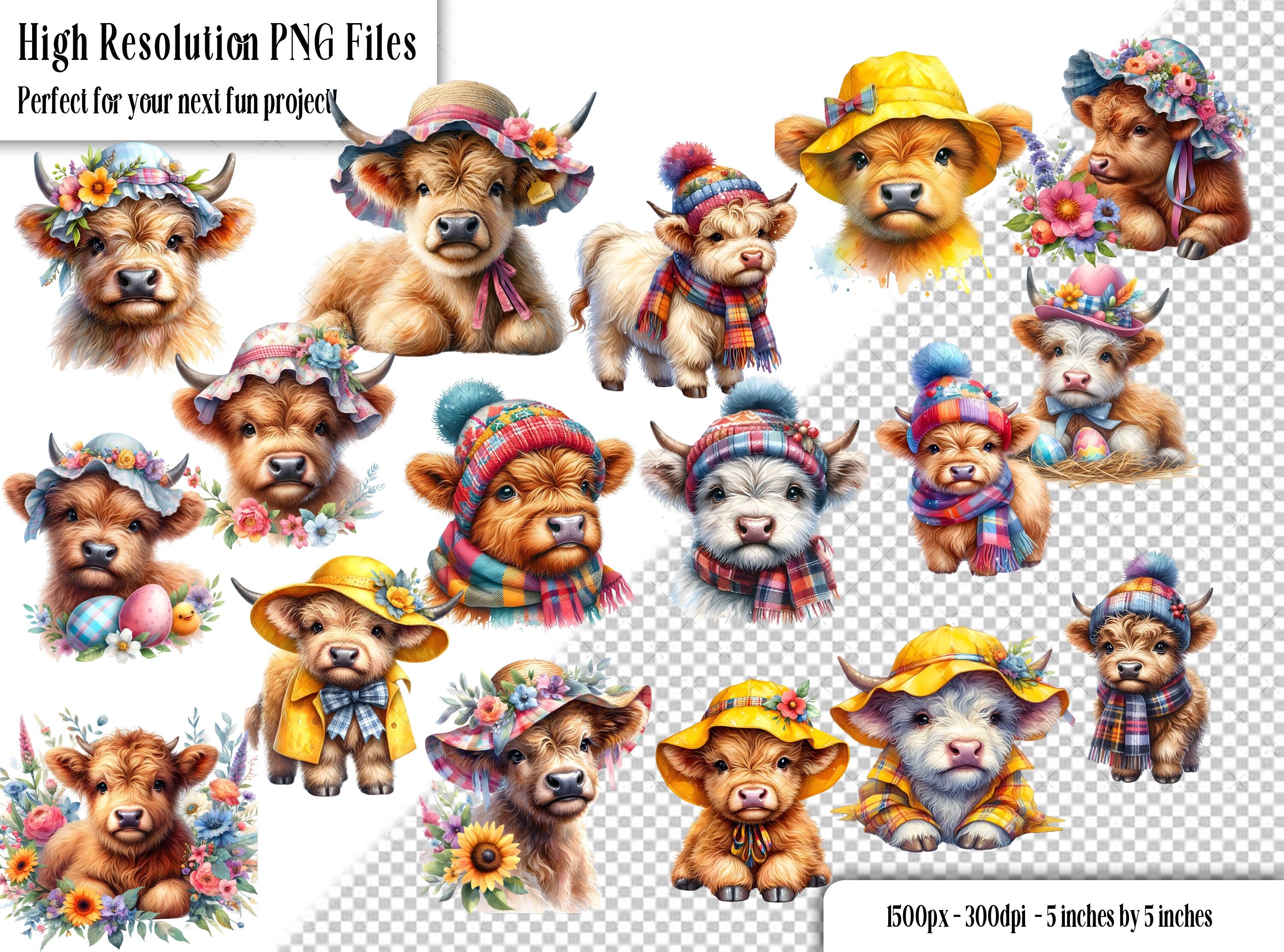 36 Cute Seasonal Highland Cow PNG Clip Art Bundle, Instant Printable ...