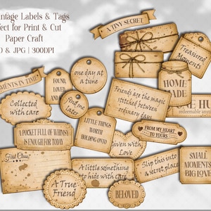 Vintage Sepia Collection of Meaningful Words, Quotes and Phrases to tuck away and add a touch of whimsy to your junk journal, scrapbook or creative paper projects. 
Printable Ephemera pack for Card making, Collage, and Clusters. Vintage-inspired tickets, stubs, tags, and various Shabby-style labels, fussy cuts, embellishments - Perfect for crafting and print and cut projects.