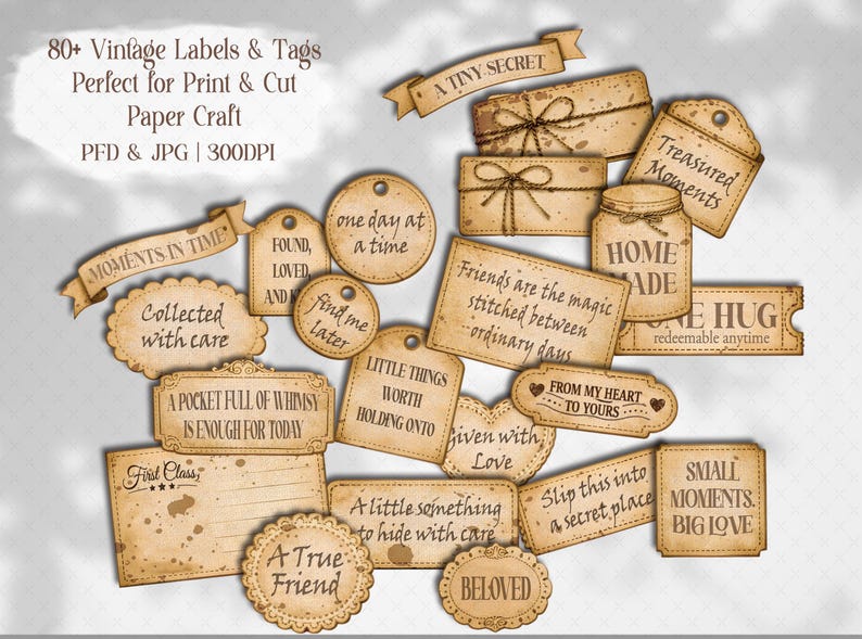 Vintage Sepia Collection of Meaningful Words, Quotes and Phrases to tuck away and add a touch of whimsy to your junk journal, scrapbook or creative paper projects. 
Printable Ephemera pack for Card making, Collage, and Clusters. Vintage-inspired tickets, stubs, tags, and various Shabby-style labels, fussy cuts, embellishments - Perfect for crafting and print and cut projects.