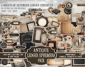 May include: A collection of vintage-style ephemera, including labels, tags, and ledger sheets. The design features a variety of shapes and sizes, with text such as "Entries," "Labels," and "Archive." The color palette is primarily sepia tones, with accents of black and white.