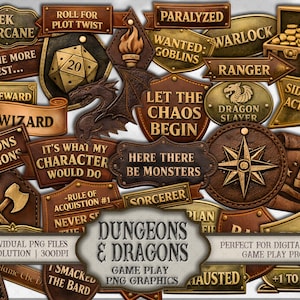 May include: A selection of brown and gold fantasy-themed digital graphics. The image shows various signs and badges with text such as "Dungeons & Dragons", "Warlock", and "Side Quest Activated".