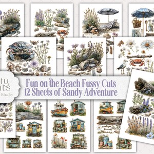May include: Twelve digital paper sheets with watercolor illustrations of beach scenes, including seashells, driftwood, flowers, a crab, a seagull, a boat, and a beach house. The text "Fun on the Beach Fussy Cuts 12 Sheets of Sandy Adventure" is at the top of the image.