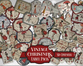Kerst vintage bord- en labelkit: kortstondige, kieskeurige uitsteeksels voor kerstafvaljournaal - afdrukbare grillige plakboektags - digitale download