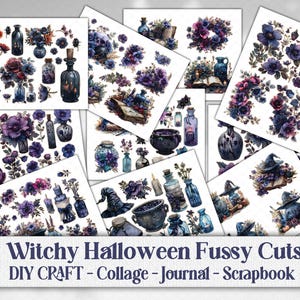 Décorations éphémères imprimables d'Halloween, images éphémères de sorcière vibes, éléments de journal indésirable noir violet foncé sorcière, travaux manuels de scrapbooking, autocollants, collage