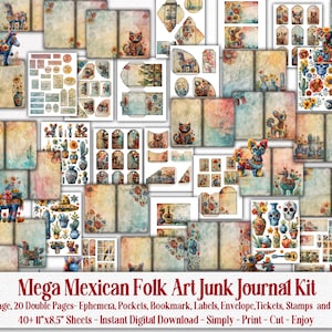 Mexican Folk Art Junk Journal Scrapbook Kit, Mexico Folk Art Holiday Printable Pre Made Pages, Hispanic Ephemera, Fussy Cut, Label, Pocket