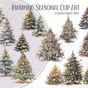 Vintage Christmas Tree Clip Art Bundle, PNG Printables, Festive Holiday trees, Junk Journal kit, Vintage Christmas Collage, Digital Journal