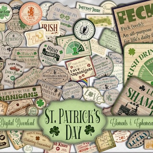 Etiquetas para carteles del Día de San Patricio, efímeras irlandesas para álbumes de recortes, diario basura, creación de tarjetas, decoupage vintage imprimible, estilo shabby chic, día de San Patricio