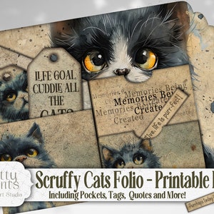 Scruffy Cat Junk Journal Folio Kit, Printable Pockets Ephemera, Card, Portfolio Scrapbook Paper Insert, Cat Lover Journal Kitten Keepsake