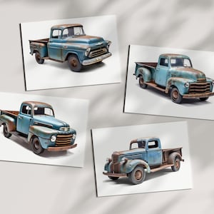 4 Blauer rostiger Vintage Pick-up Pritschenwagen PNG zum ausdrucken, Ephemera, digitales Sammelalbum, Junk Journal, Collage, Bastelzubehör Retro Truck Drucke